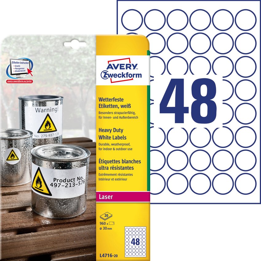 Etykiety Samoprzylepne Heavy Duty Okrągłe Avery śr. 30mm 48/A4 A'20 Białe No.L4716-20
