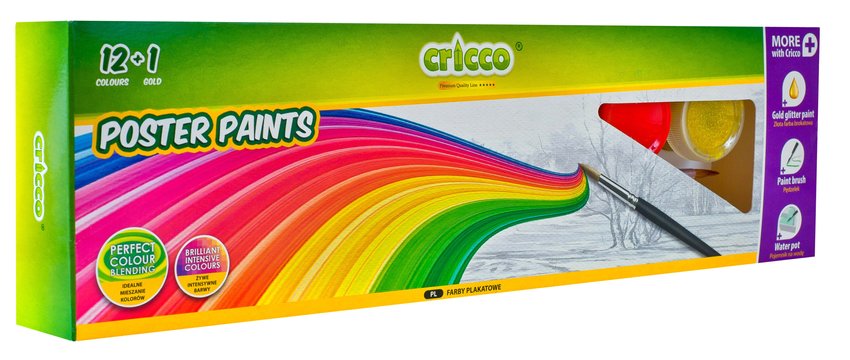 Farby Plakatowe  Cricco  12 Kol. +1 Złoty Brokat + Pojemnik do Mieszania Farb