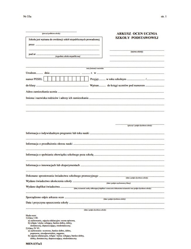Arkusz Ocen dla Uczniów Szk. Podst. (MEN-I/37a/2)   4xA4 /W-X