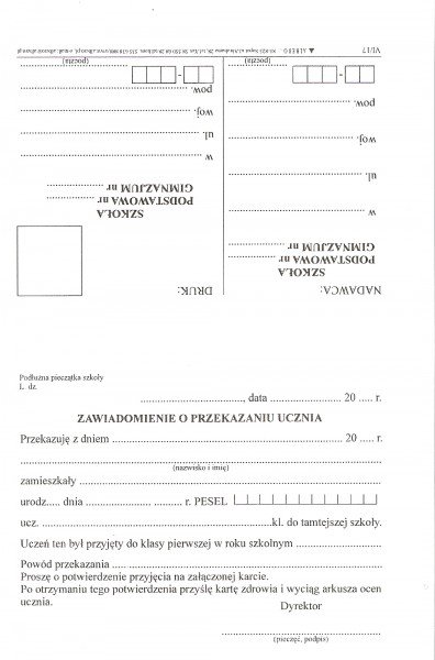 Zawiadomienie o Przekazaniu Ucznia MEN-VI/17