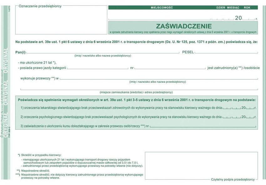 Zaświadczenie Zatrudnienia Kierowcy A5 Oryg.+1k 820-3 /MiP