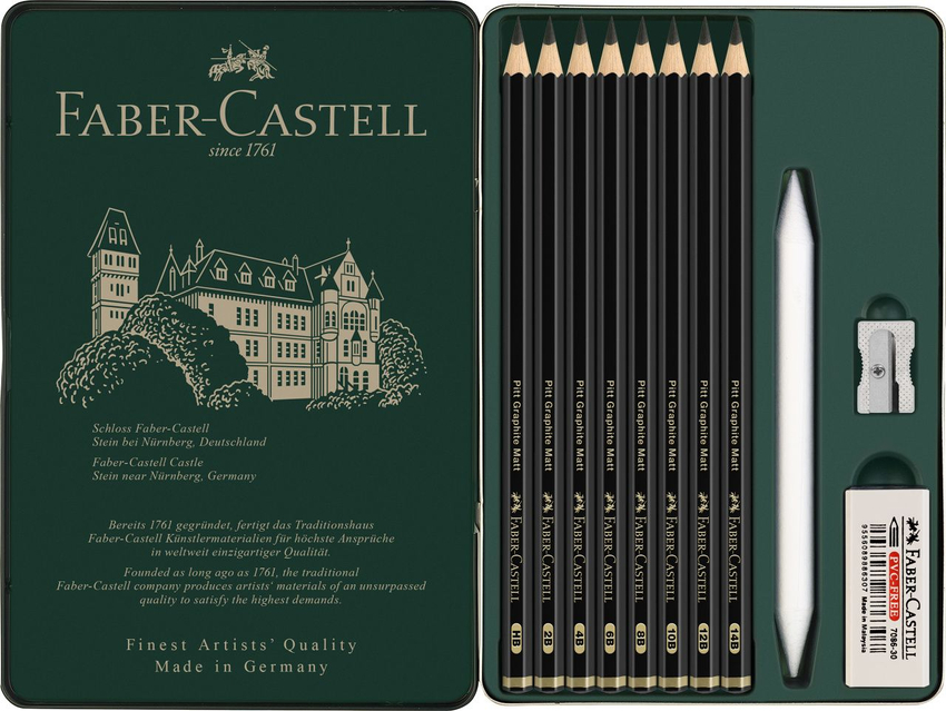 Ołówek Artystyczny Pitt Graphite Matt 8  Szt. + Akcesoria Opakowanie Metalowe Faber-Castell