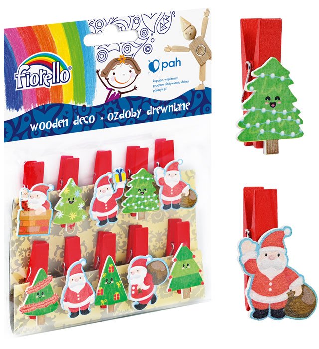 Ozdoby drewniane FIORELLO GR-WD699 spinacz Mikołaj/Choinka BN, 10 szt.