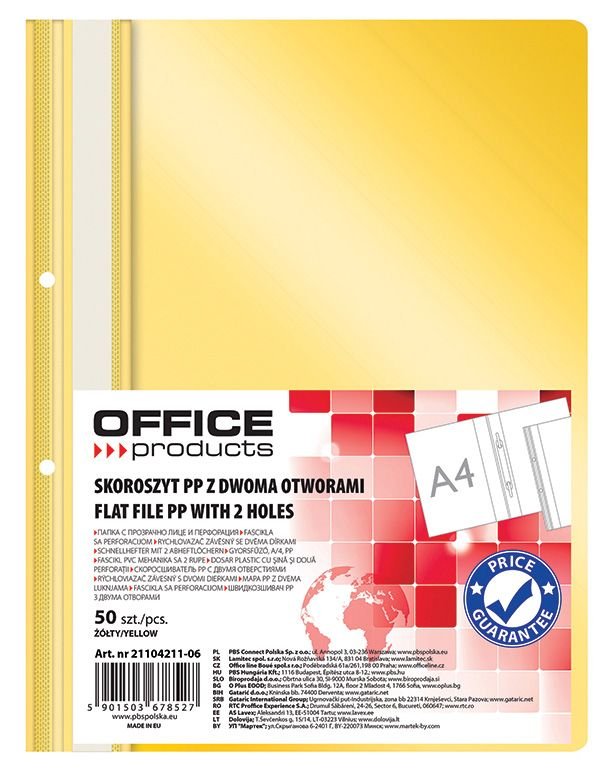 Skoroszyt Office Products PP A4 2 Otwory 100/170 mikr. Wpinany Żółty