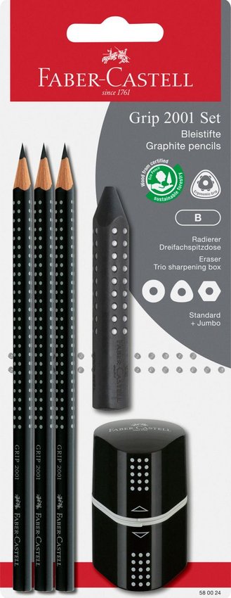 Zestaw Grip 2001 B 3Xołówek+Gumka+ Temperówka Trio Czarny Faber-Castell