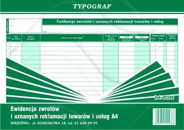 Ewidencja Zwrotów i Uznanych Reklamacji A4 Offset 02288 /Typograf