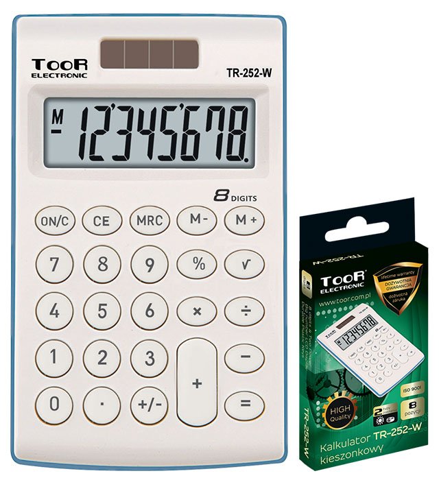 Kalkulator kieszonkowy TOOR TR-252-W 8-pozycyjny – 2 typy zasilania