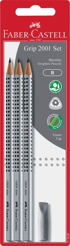 Grip 2001 Set Srebrny 3X Ołówek B + Gumka Nakładka Blister Faber-Castell