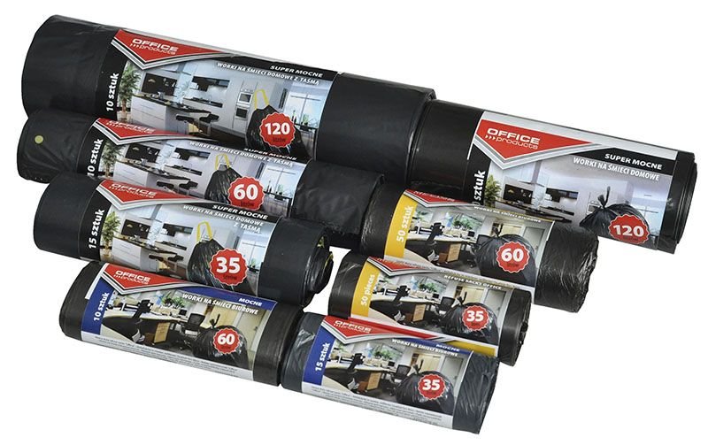 Worki Na Śmieci LDPE 60L A'10 Czarne Super Mocne z Taśmą /Office Products