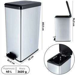 Kosz Na Śmieci 40L z Pedałem metalizowany Slim Bin / Curver 213298