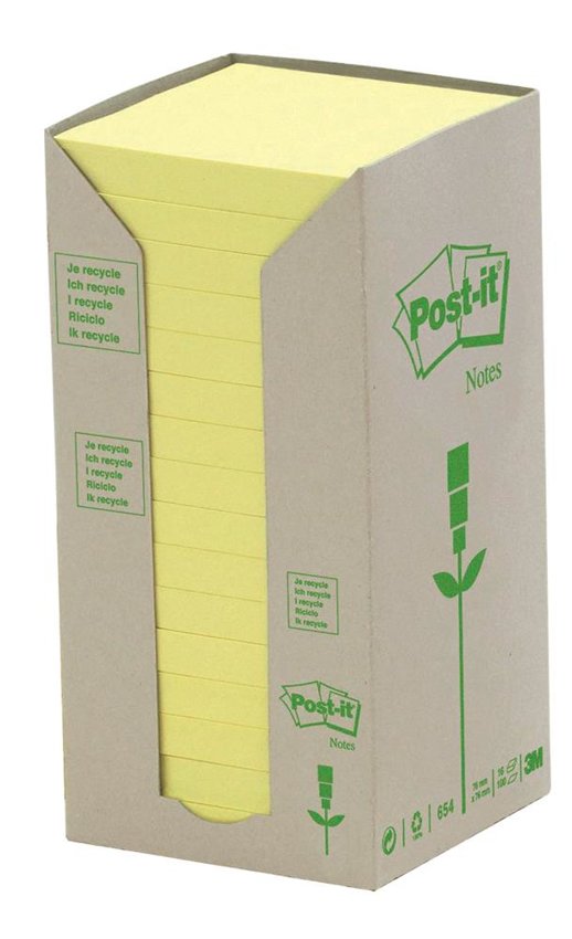 Bloczek Samoprzylepny Ekologiczny Post-It (654-1T) 76X76Mm 16X100 Kart. Żółty