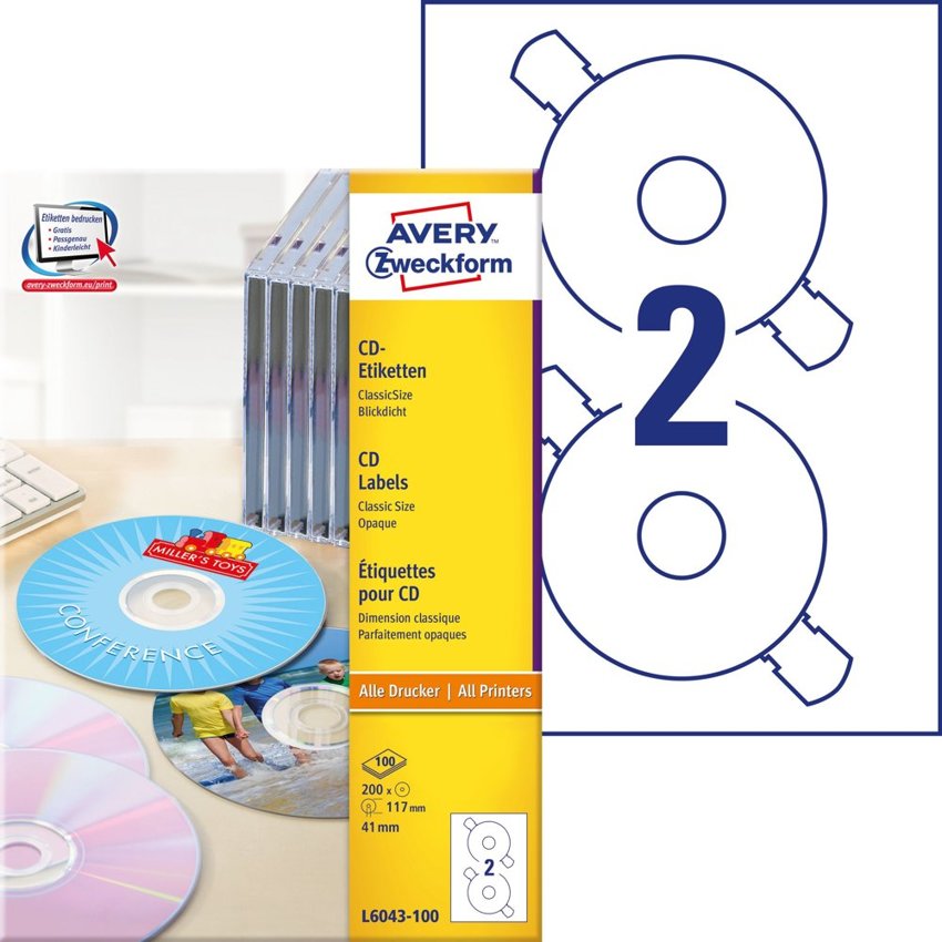 Etykiety Samop. Avery na CD 2/A4 A'100 Inkjet/Laser Białe Mat No.L6043-100