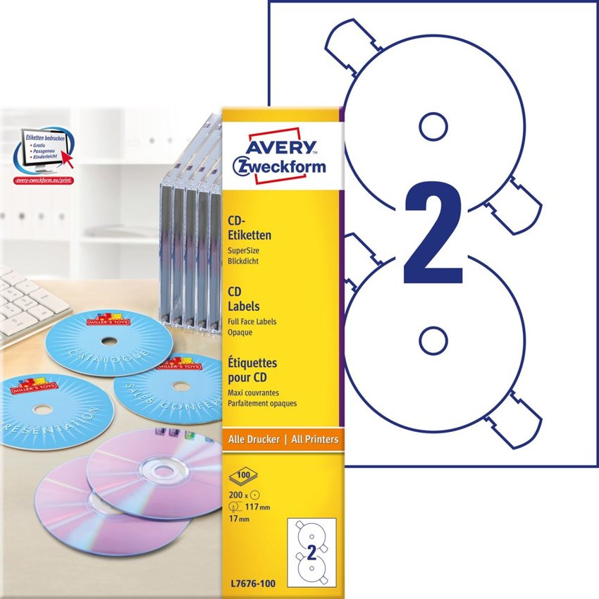 Etykiety Samoprzylepne na CD SuperSize Avery 2/A4 A'100 Białe No.L7676-100