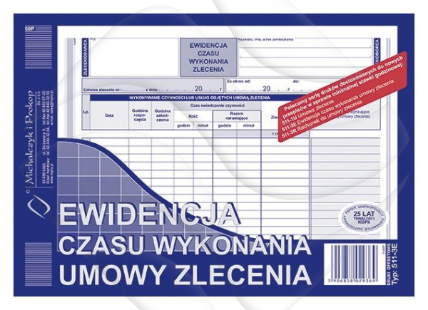 Ewidencja czasu wykonania umowy zlecenia Typ: 511-3E / MIP