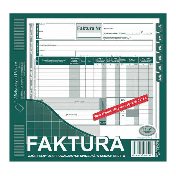Faktura Wzór Pełny Dla Prowadzących Sprzedaż W Cenach Brutto 2/3 A4 80k /MiP