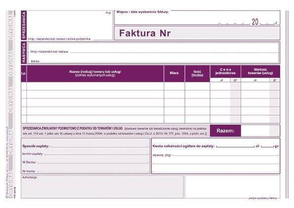 Faktura dla Zwolnionych z VAT A5 Oryg.+1k Poziom 203-3E /MiP