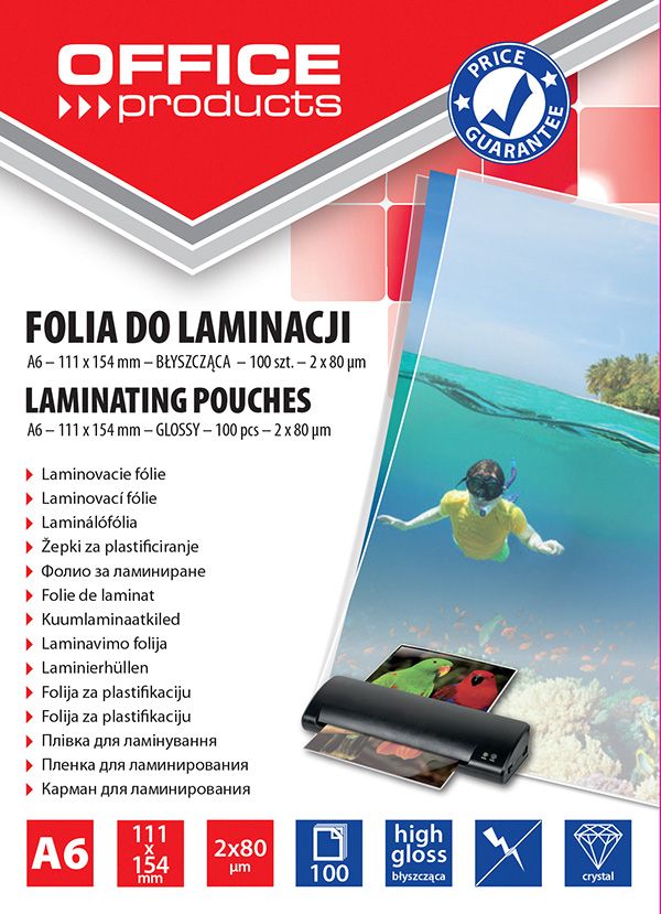 Folia Do Laminowania Office Products A6 2X80 mikr. Błyszcząca 100Szt. Transparentna