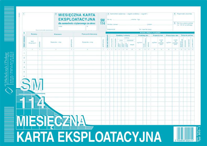 Miesięczna Karta Eksploatacyjna Sm/114 - Sam. Cięż. A4 Offset 803-1 /MiP