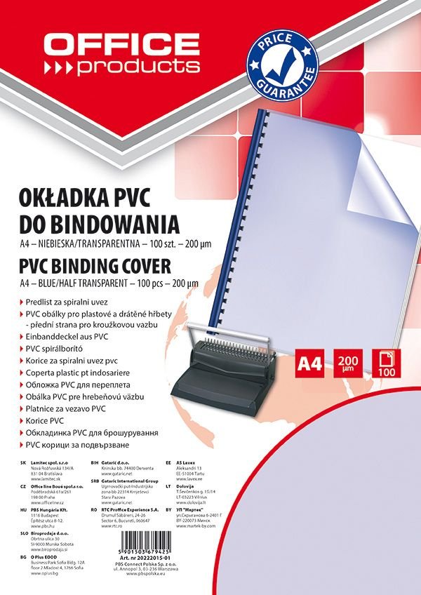 Okładki Do Bindowania Office Products PVC A4 200 mikr. 100Szt. Niebieskie Transparentne