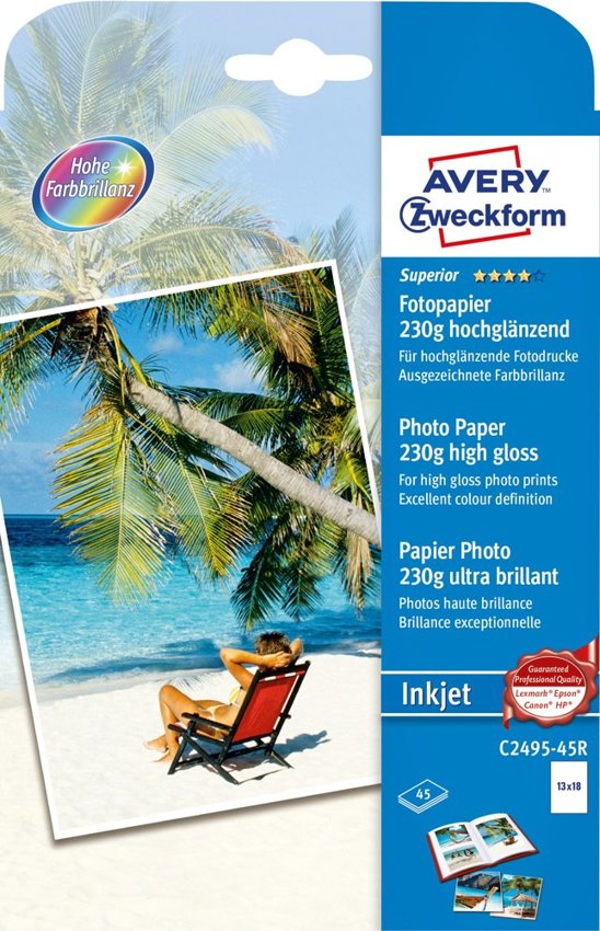 Papier Fotograficzny Premium 230g 45szt. Avery 130x180 Biały Wysokobłyszczący No.C2495-45R