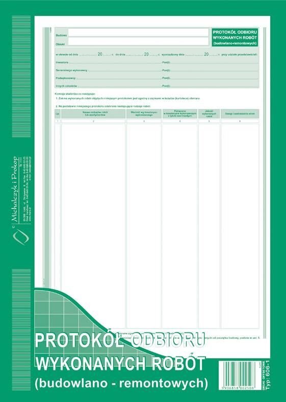 Protokół Odbioru Wyk. Robót Budow.-Remont. A4 Offset 606-1 /MiP