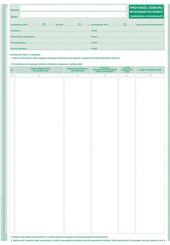 Protokół Odbioru Wyk. Robót Budow.-Remont. A4 Offset 606-1 /MiP