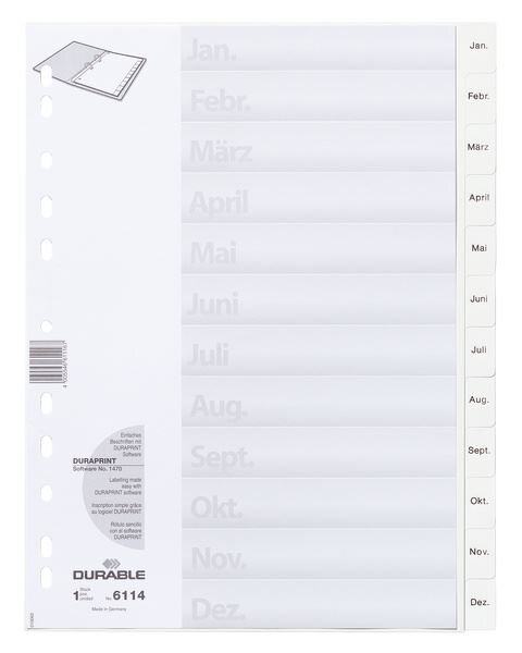Przekładki do Segregatorów Jan.-Dez. (12) Strona Tytułowa PP A4 Białe /Durable 611402