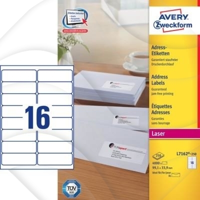 Samoprzylepne etykiety adresowe recyklingowane Avery 99.1x33.9 16/A4 A'250 białe No.L7162-250
