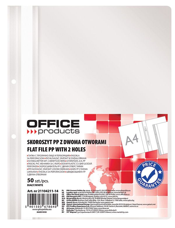 Skoroszyt Office Products PP A4 2 Otwory 100/170 mikr. Wpinany Biały