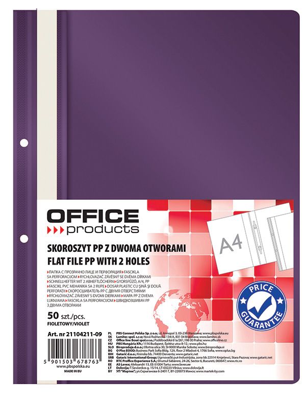 Skoroszyt Office Products PP A4 2 Otwory 100/170 mikr. Wpinany Fioletowy