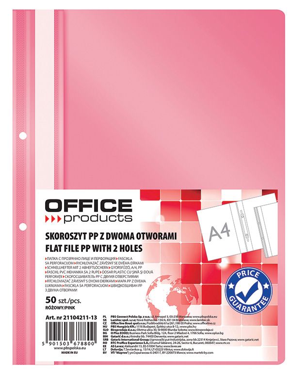 Skoroszyt Office Products PP A4 2 Otwory 100/170 mikr. Wpinany Różowy