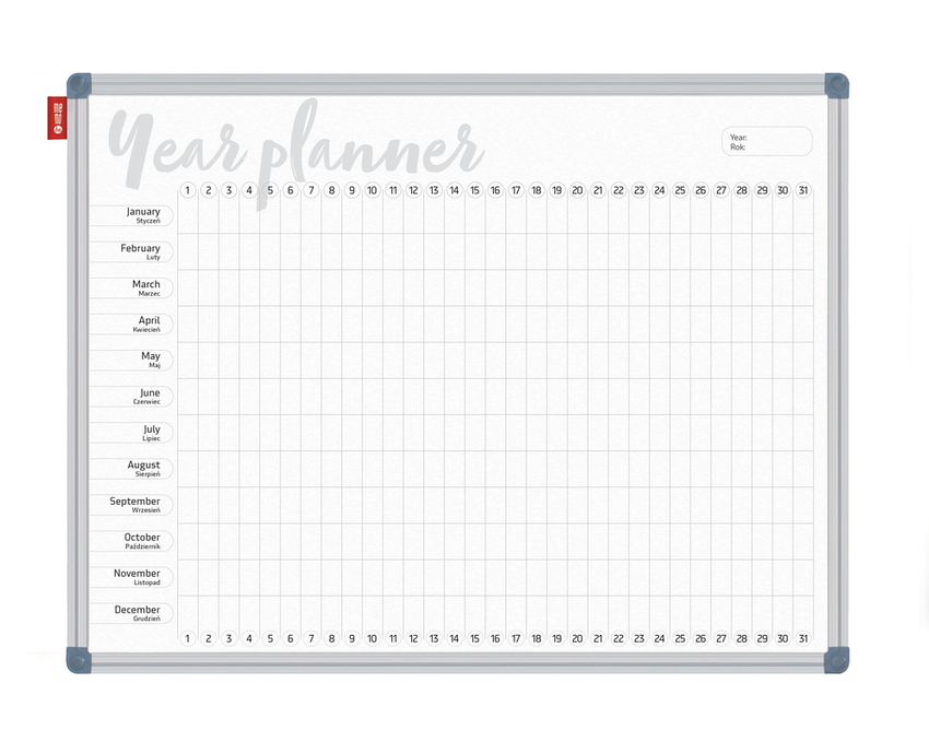 Tablica Planer Memobe, Roczny, Nadruk W Kolorze Czarnym, Rama Aluminiowa Classic, Model 7, 120X90 Cm