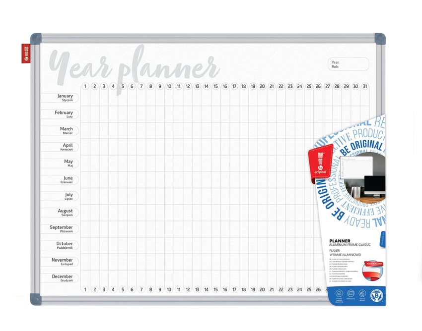 Tablica Planer Memobe, Roczny, Nadruk W Kolorze Czarnym, Rama Aluminiowa Classic, Model 7, 120X90 Cm